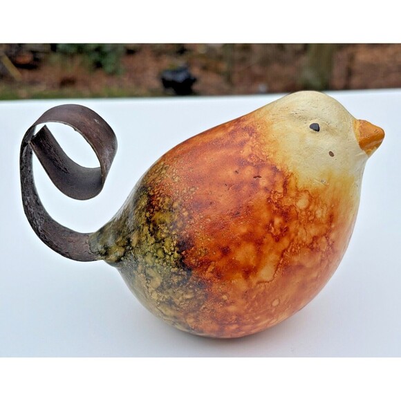 Folk Art Clay Art Pottery Bird Figure w/ Wrought Iron Tail Handcrafted Mexico - Picture 8 of 14